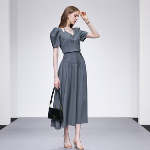 2026夏季新款时尚千金风泡泡袖系带上衣高腰大摆半身裙套装