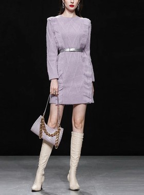 20255春季新款气质简约荷叶装饰慵懒百搭加厚紫色毛衣连衣裙