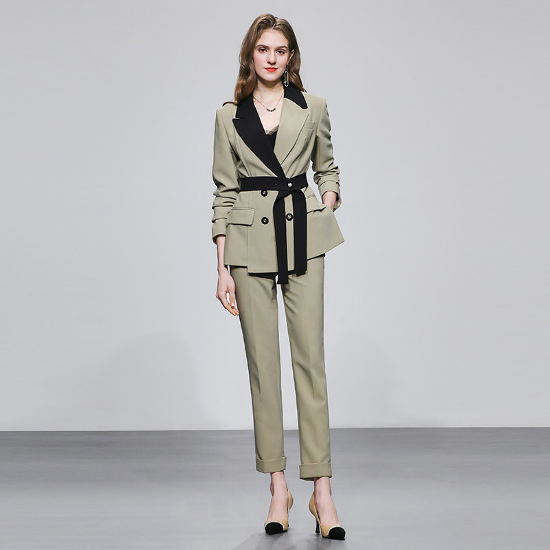 不对称拼色收腰系带西装风衣