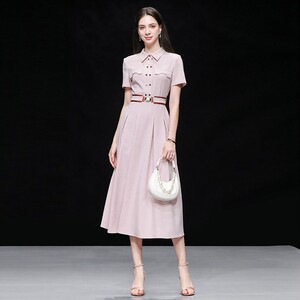 2026夏季新款气质简约杏粉色双排扣收腰显瘦衬衫连衣裙长裙裙子女
