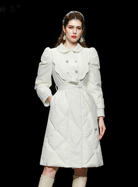 2025年冬季新款时尚通勤白色百搭系带修身加厚中长款白鸭绒羽绒服