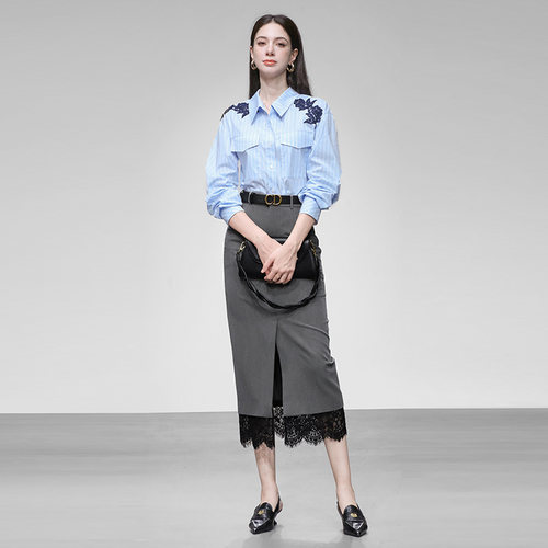 2025秋季新款气质休闲撞色条纹衬衣+高腰直筒蕾丝花边拼接半裙