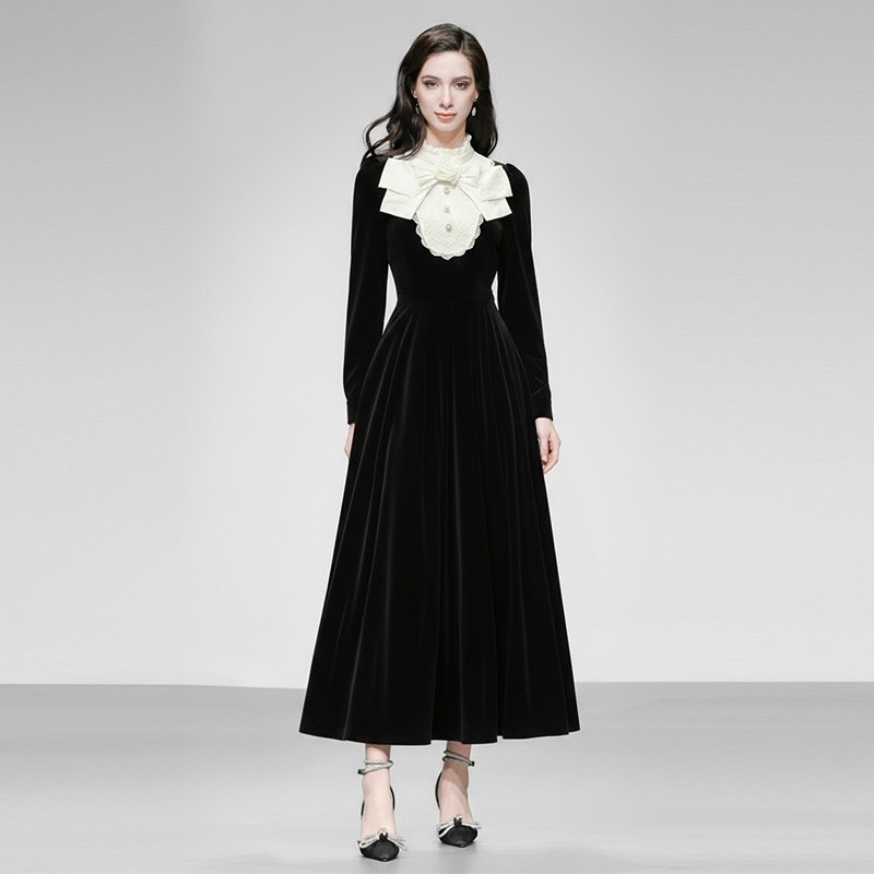 2025秋冬季新款法式浪漫撞色蝴蝶结收腰大摆赫本风丝绒连衣裙女装