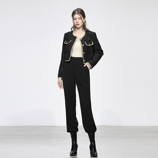 秋冬季女装2025新款时尚气质黑色粗花呢外套灯笼裤束腿裤裤子套装