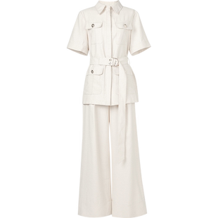 2026夏季新款工装风棉麻系带收腰显瘦上衣+显瘦直筒九分裤套装