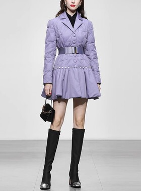 冬季女装2025新款浅紫色收腰中长款羽绒服时尚加厚修身白鸭绒