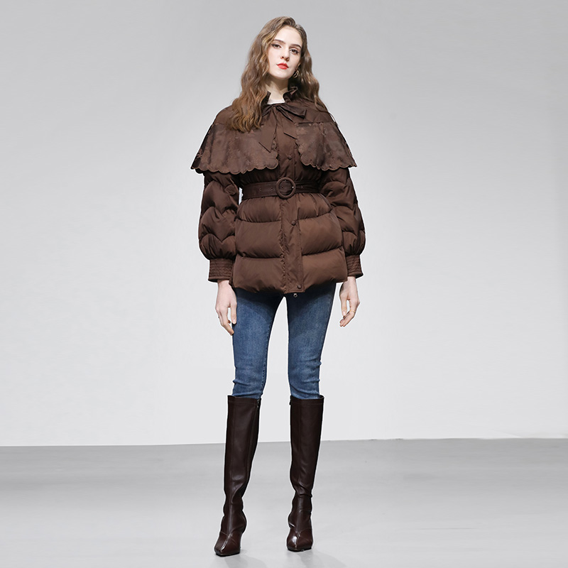 2025冬季新款气质减龄系带木耳边领国风提花拼接收腰短款羽绒服
