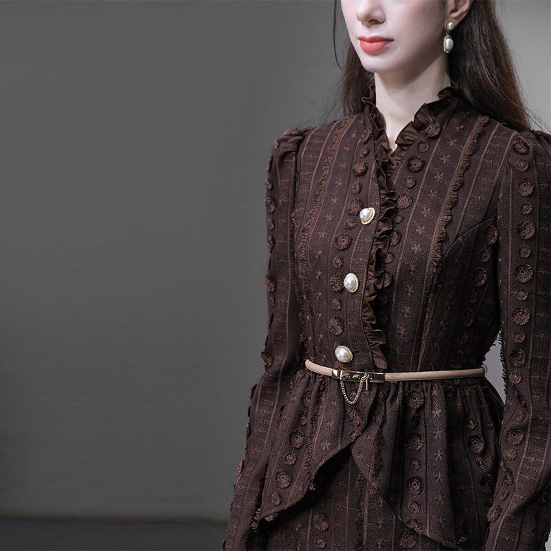 2026春季新款法式名媛拼接荷叶花苞型长袖上衣+高腰鱼尾半裙套装