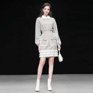 裙子灯笼袖 2025春季 气质撞色收腰中长款 法式 粗花呢连衣裙 新款