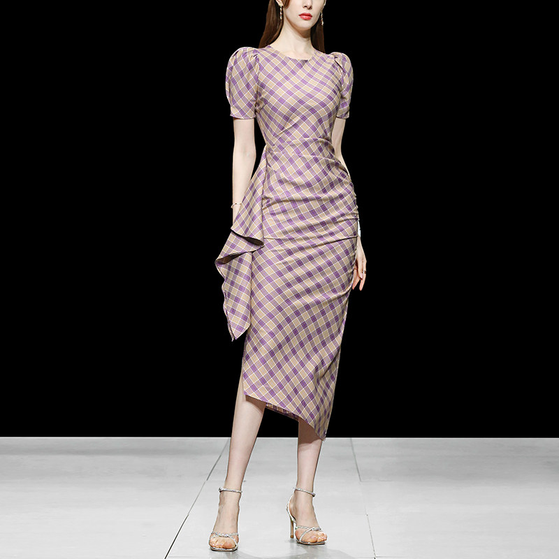 2026新款夏装女装气质修身格子长裙短袖收腰显瘦中长款连衣裙