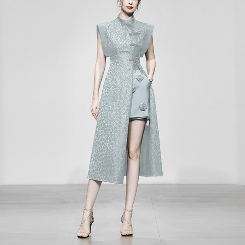 夏季两件套银灰色旗袍上衣缎面