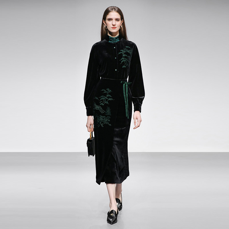 绣花丝绒衬衣高腰系带直筒