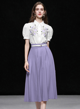 夏季女装2025新款气质两件套白色衬衫衬衣紫色长裙裙子套装潮