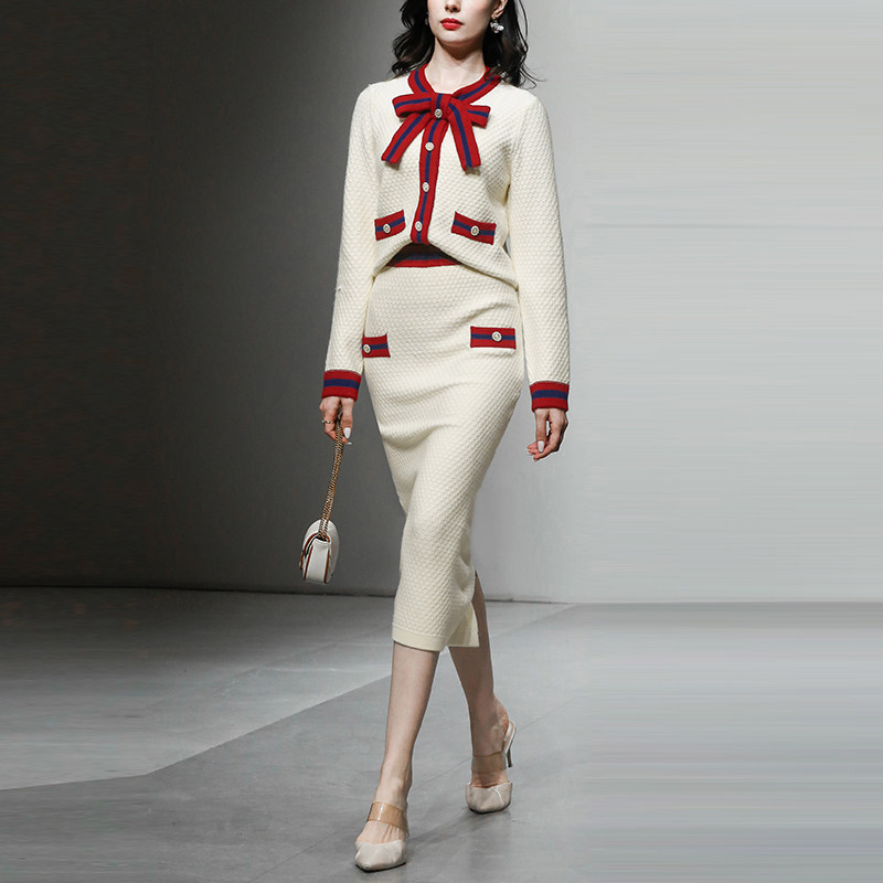 2025秋冬季新款优雅精致撞色蝴蝶结纽扣女人开衫上衣半裙套装