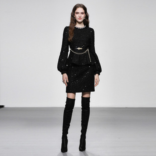 2025秋冬季新款女装星空轻奢宫廷套装玉玲荷叶上衣+一步半裙套装