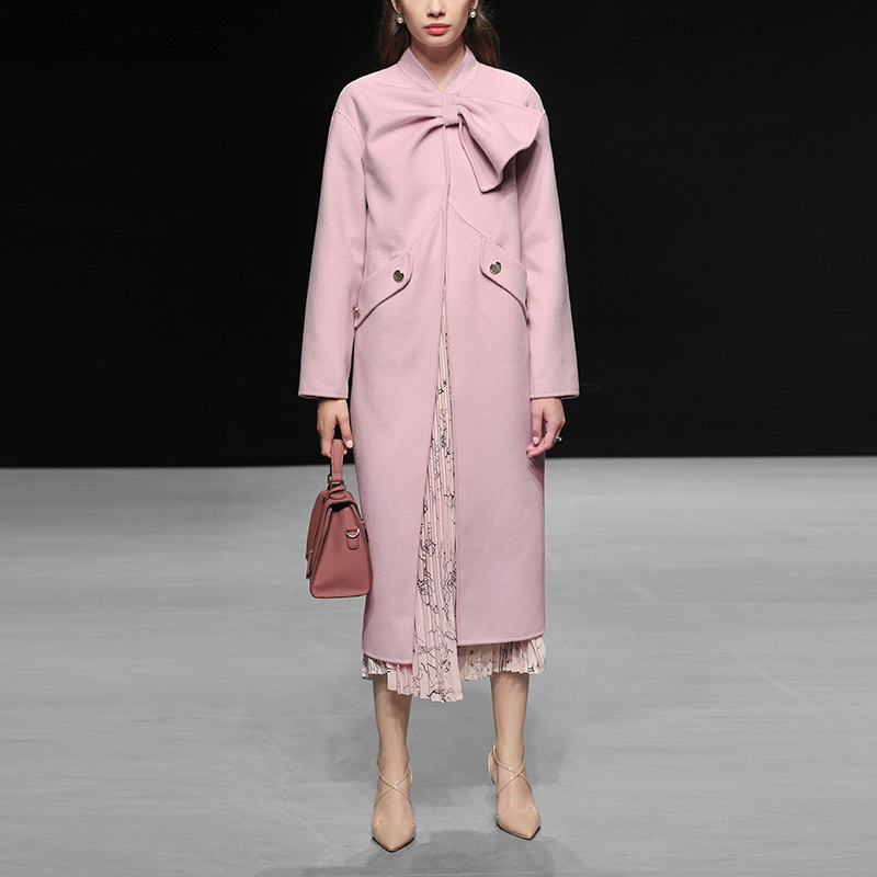 2025新款秋冬季小香风呢子气质粉色大衣中长款双面羊毛呢外套女