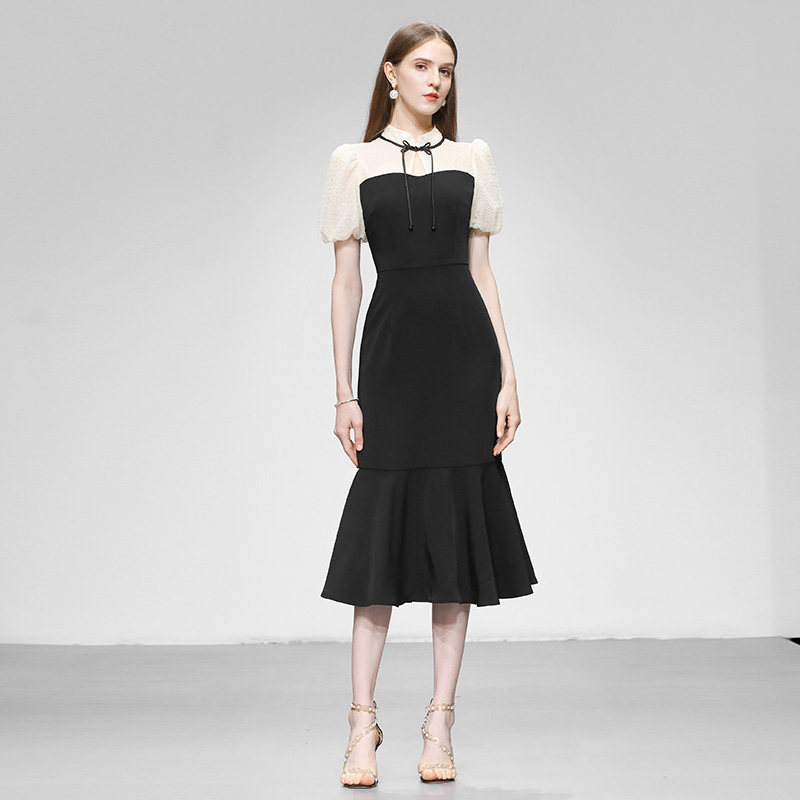 2026夏季新款时尚气质新中式甜美撞色气质名媛修身显瘦鱼尾连衣裙