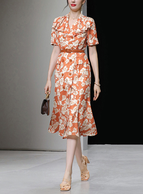 达菲时尚25新款气质荷叶边复古浪漫印花收腰鱼尾摆V领长款连衣裙