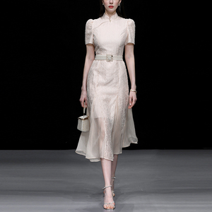 夏季女装2026新款气质杏粉色修身收腰显瘦鱼尾旗袍连衣裙长裙裙子