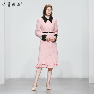 秋冬季女装2025新款撞色修身粗花呢子大衣粉色收腰中长款毛呢