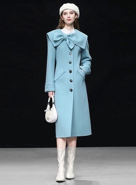 2026新年富家千金外套时尚大翻领蝴蝶结显瘦双面呢中长款毛呢大衣