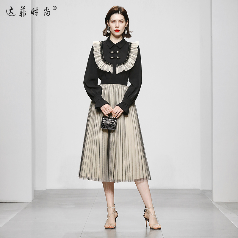 2025翻领复古盘扣荷叶花边灯笼袖衬衣高腰双色网纱半裙套装