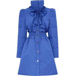 20255冬季新款时尚气质立翻领蝴蝶结木耳边收腰设计感羽绒服外套