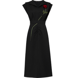 达菲时尚新款女装气质V领正肩收腰显瘦黑色长裙百搭通勤连衣裙女