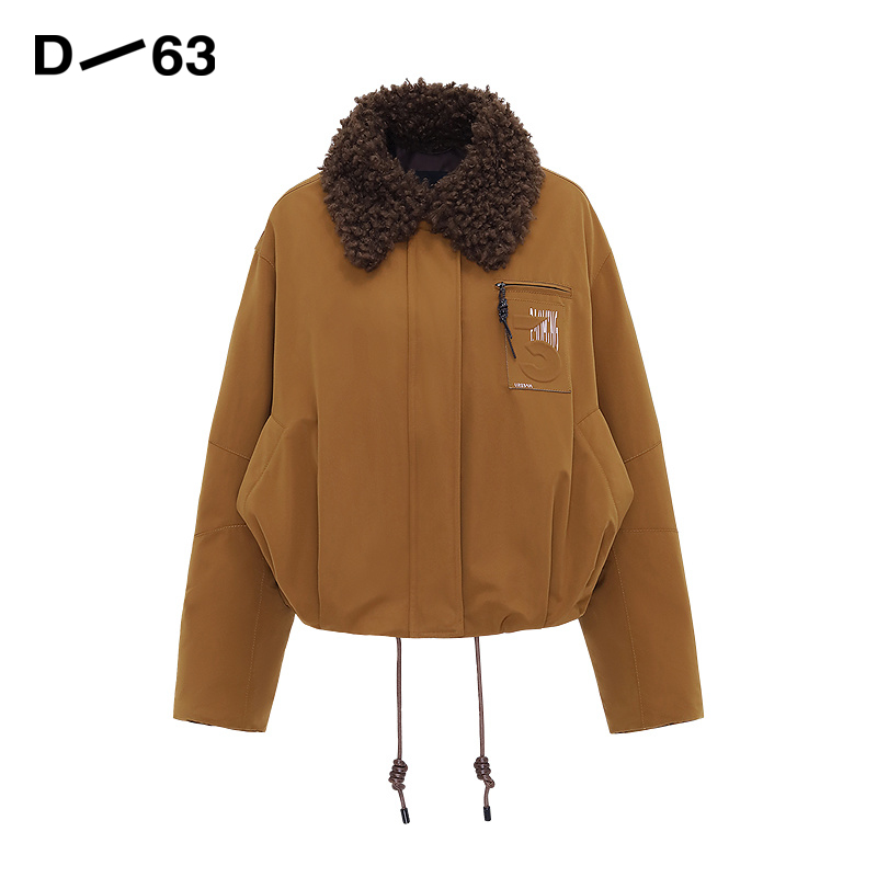 D63保暖短款棉服宽松廓形毛绒大翻领刺绣字母口袋抽绳通勤外套