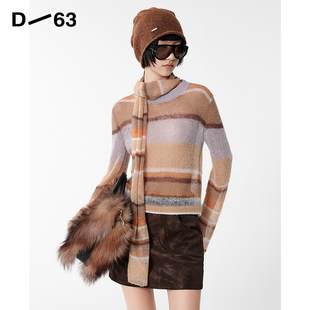 D63女装25秋季新款马海毛多巴胺镂空针织衫松弛感条纹长袖上衣