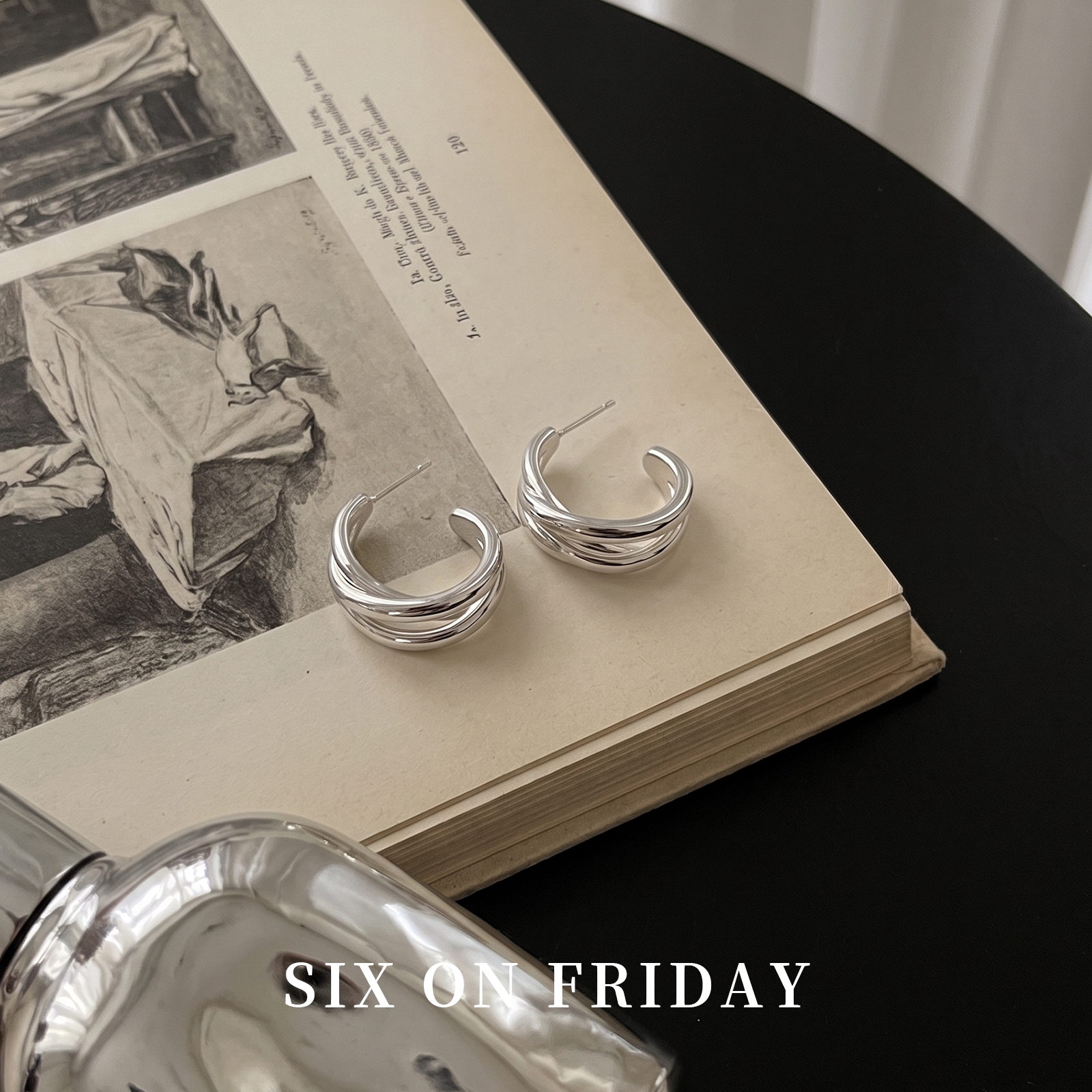 SIXONFRIDAY缠绕C耳环银色耳钉轻奢高级感耳饰百搭通勤925纯银针
