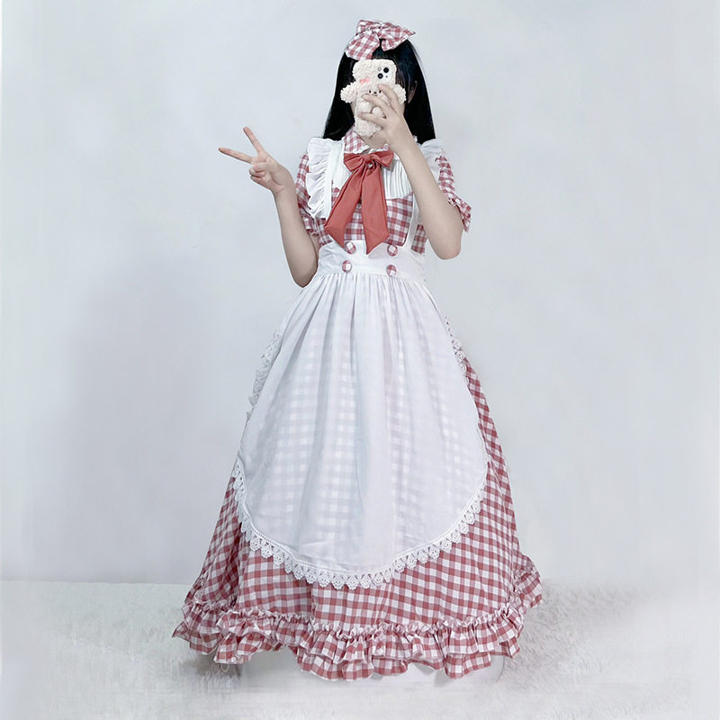 万圣节红白色格子蕾丝啤酒节服装女仆连衣裙洛丽塔女佣派对演出服