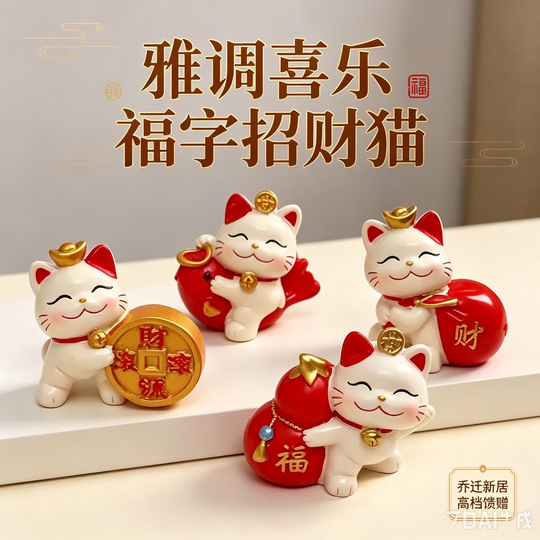 雅调喜乐福字招财猫摆件客厅玄关入户酒柜软装乔迁新居高档馈赠