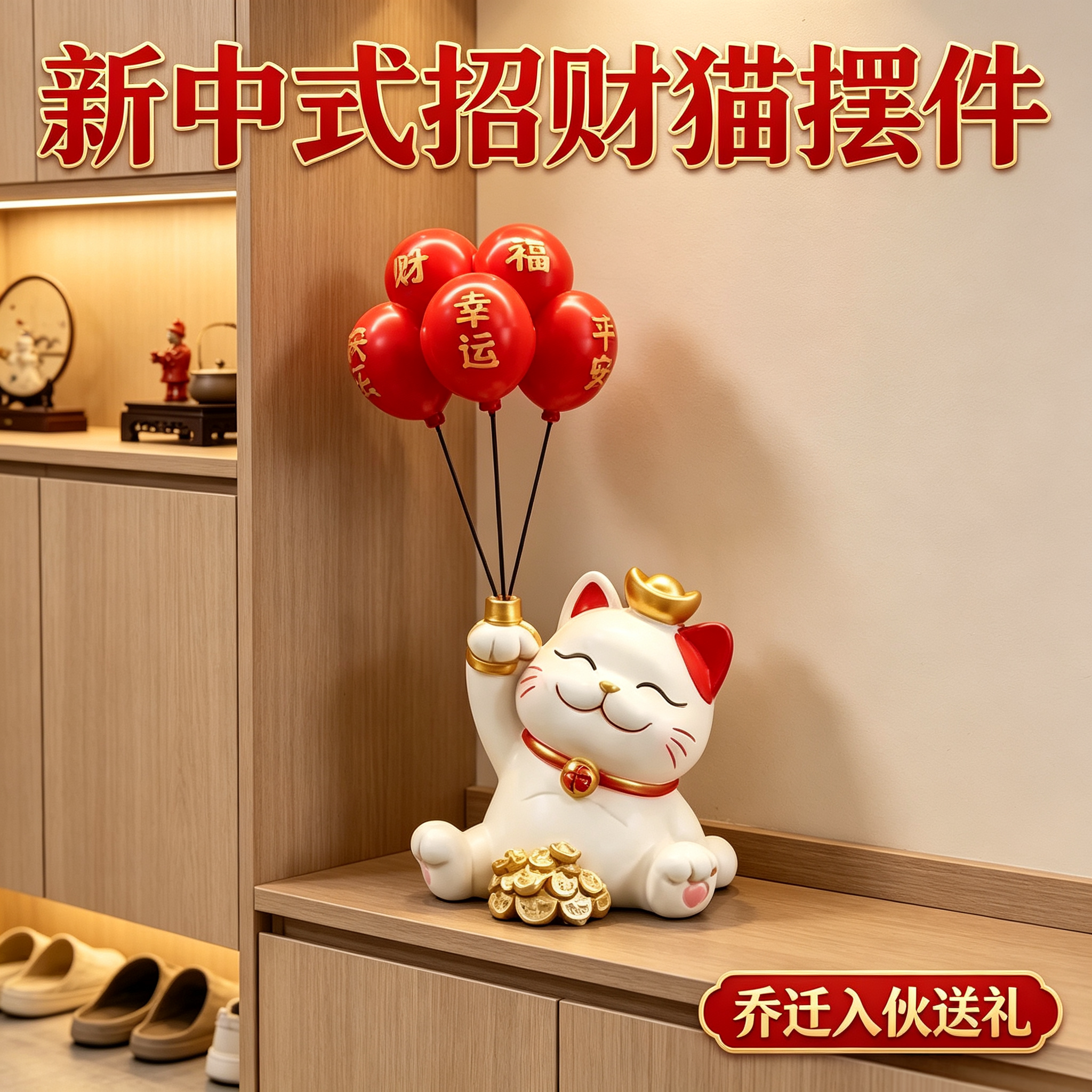 新中式招财猫摆件客厅玄关桌面装饰新房乔迁入伙送礼家居小摆设