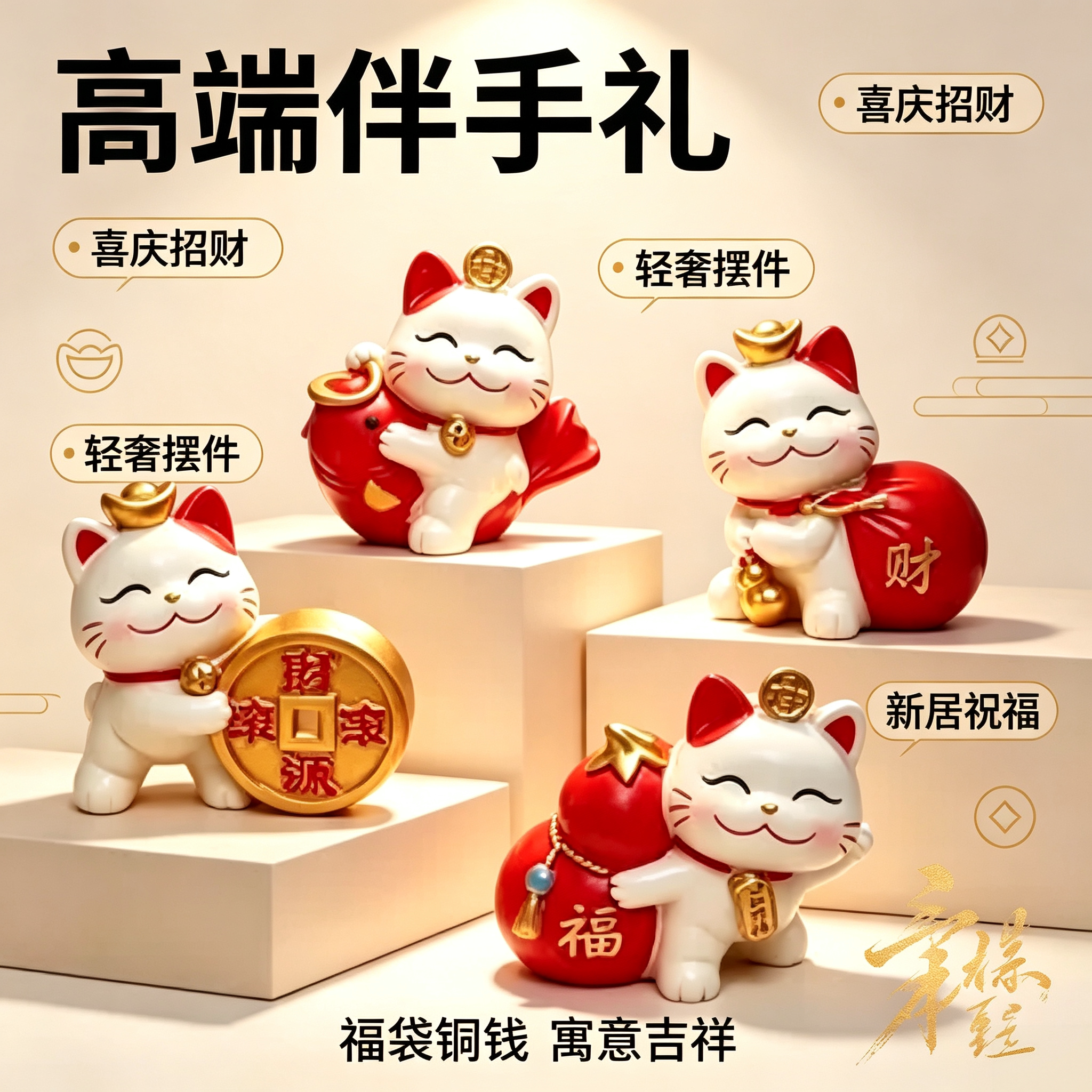 轻奢美学柿柿平安气球招财猫摆件入户玄关家居陈设乔迁高端伴手礼