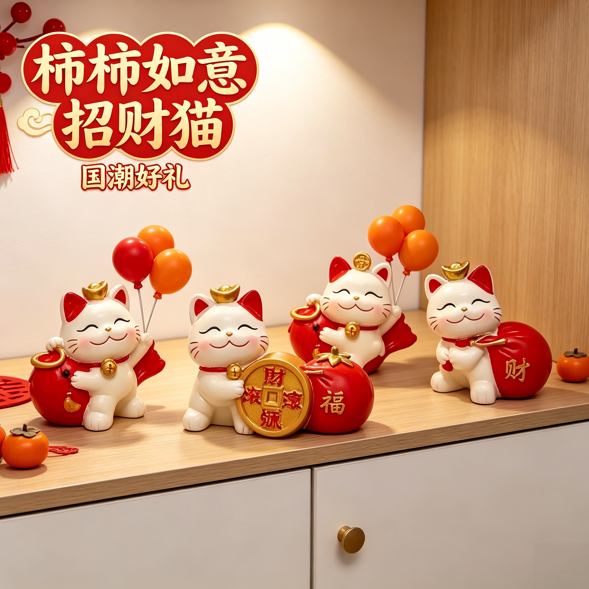 柿柿如意国潮招财猫气球摆件玄关入户电视柜酒柜软装乔迁搬家实