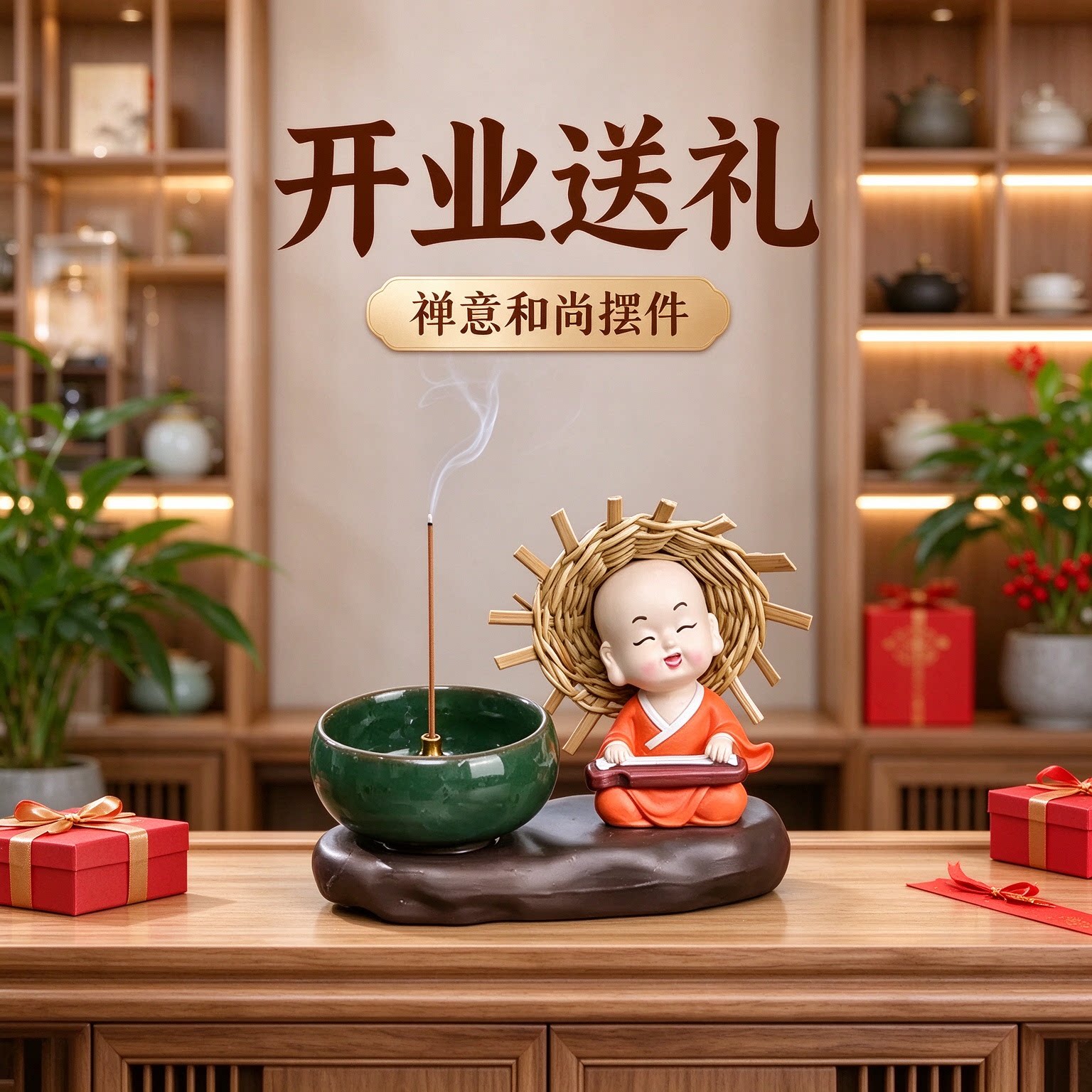 开业送礼送长辈四不小和尚可爱对弈陶瓷工艺品摆件古朴雅致雅趣