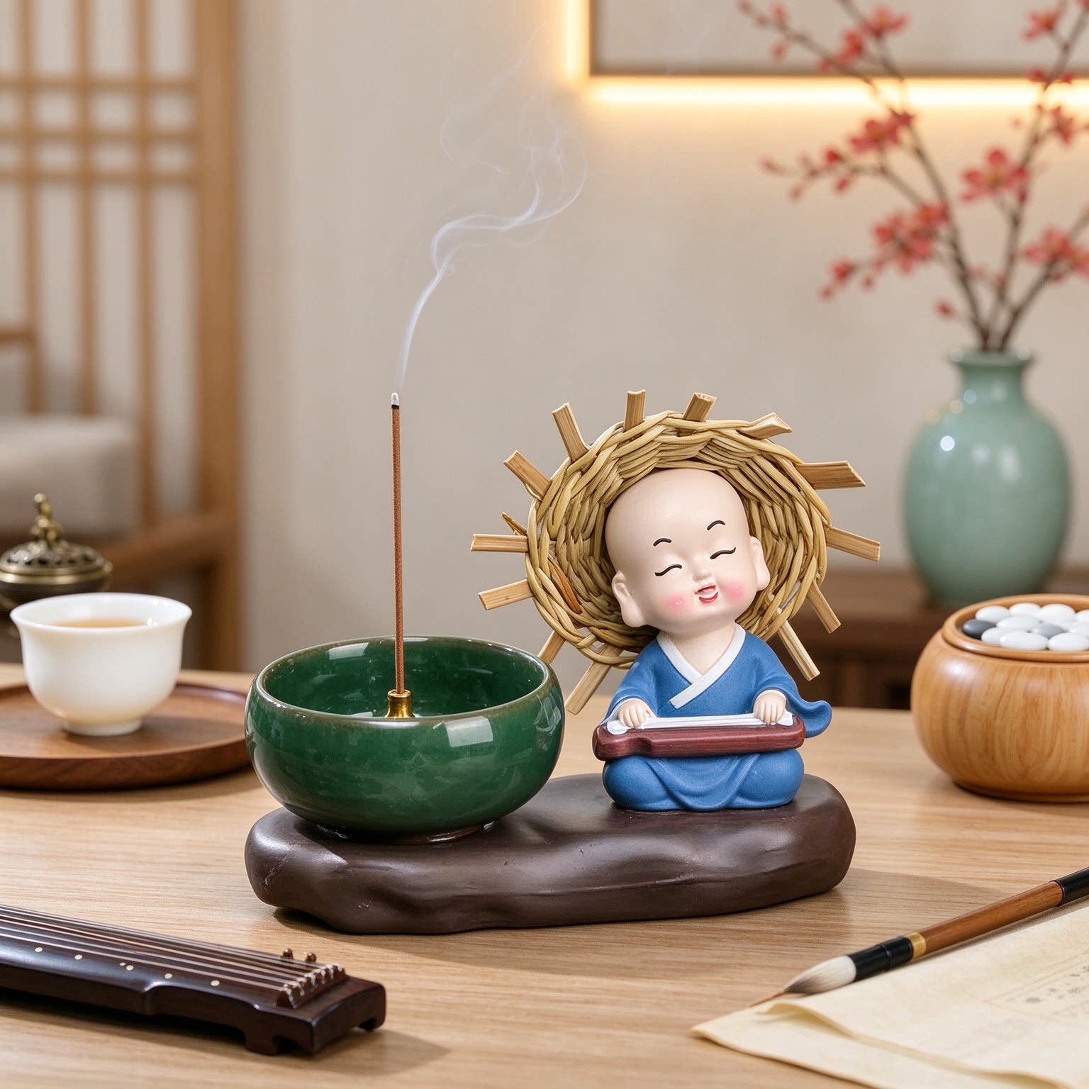 草帽小和尚小众琴棋书画桌面装饰摆件摆设禅意盎然妙趣横生东方韵