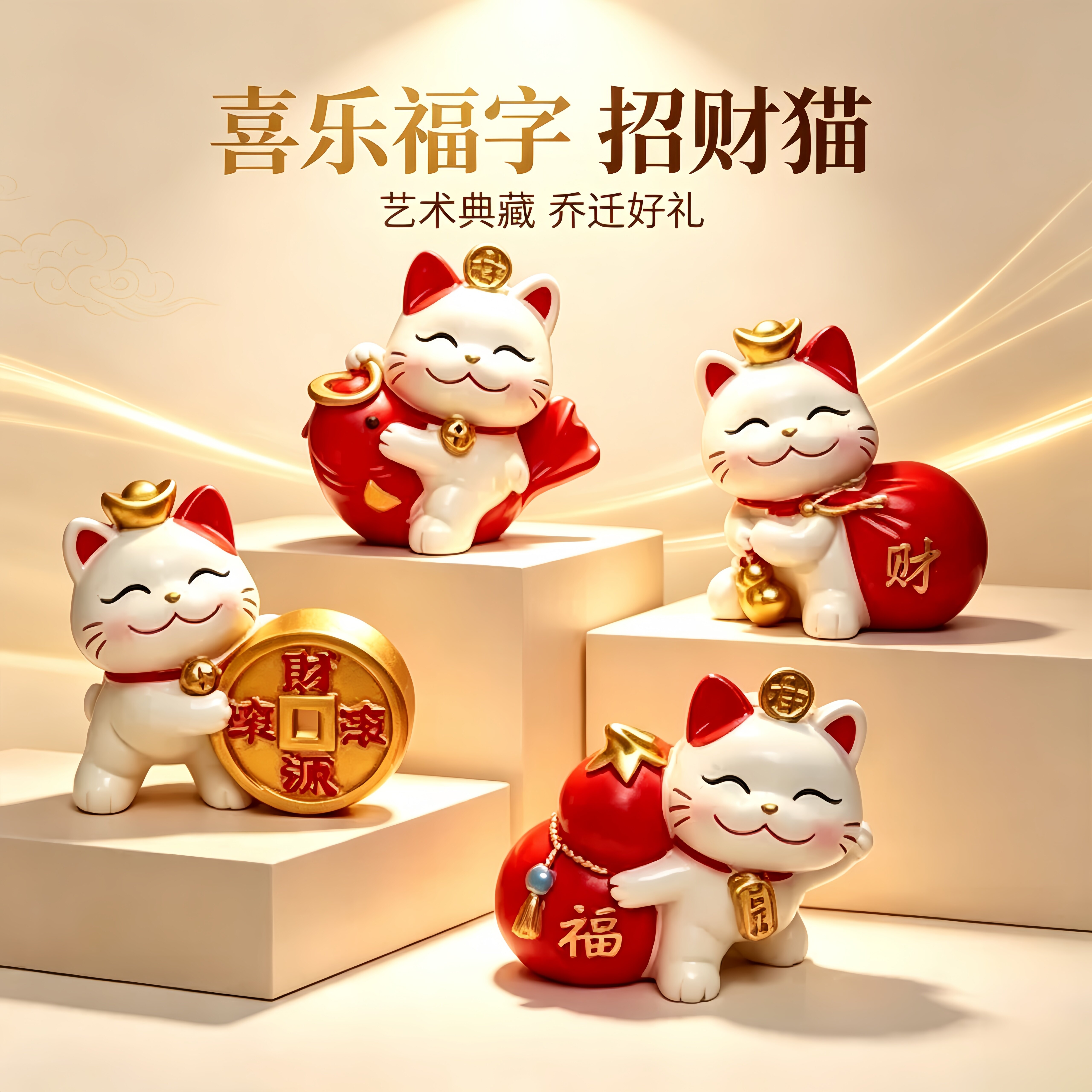 艺术典藏喜乐福字招财猫摆件客厅玄关入户高端家居乔迁开业伴手礼