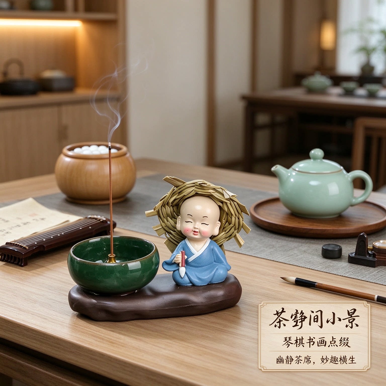 茶空间国风琴棋书画小和尚茶宠摆件工艺品随缘自在妙趣横生装饰品