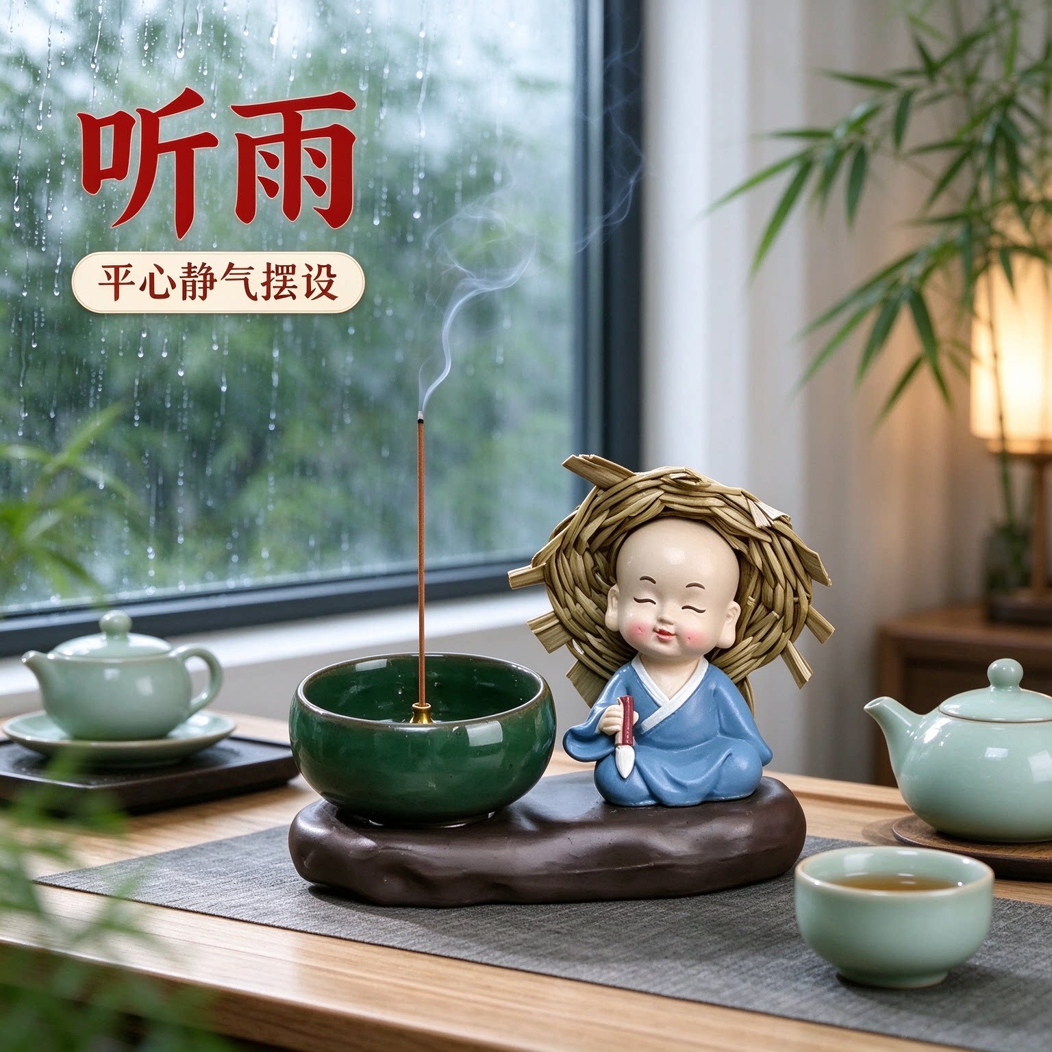 搬家礼物草帽小和尚佛系四不工艺品摆件送朋友装饰品平心静气听雨