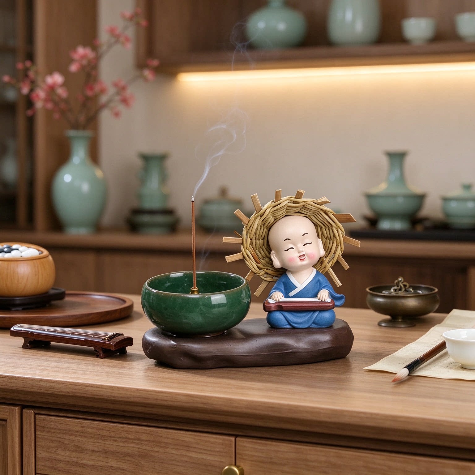 禅意小和尚琴棋书画陶瓷工艺品摆件餐边柜趣味盎然古色古香雅致
