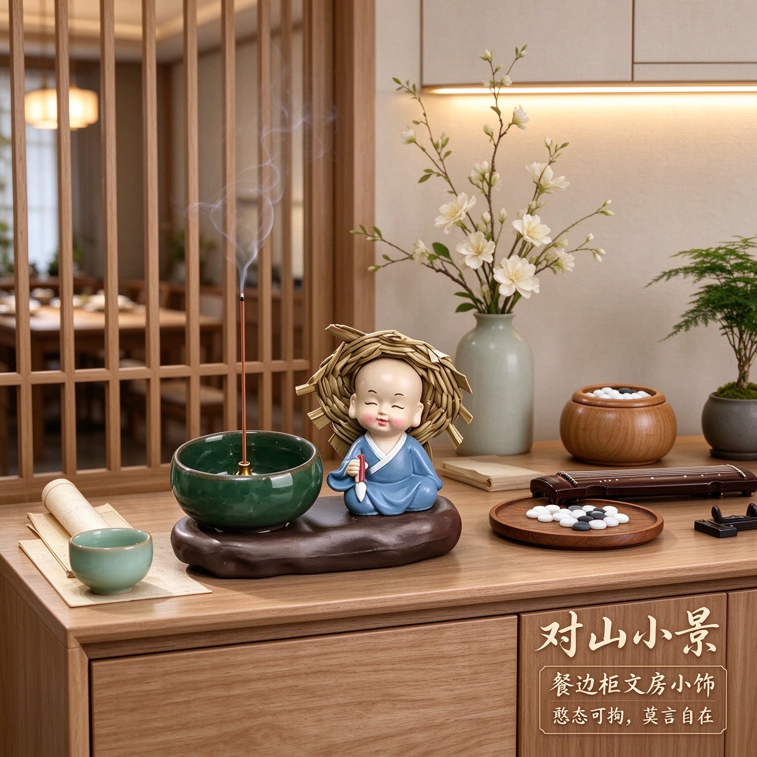 新中式禅意小和尚琴棋书画餐边柜摆件憨态可掬装饰品随缘自在莫言