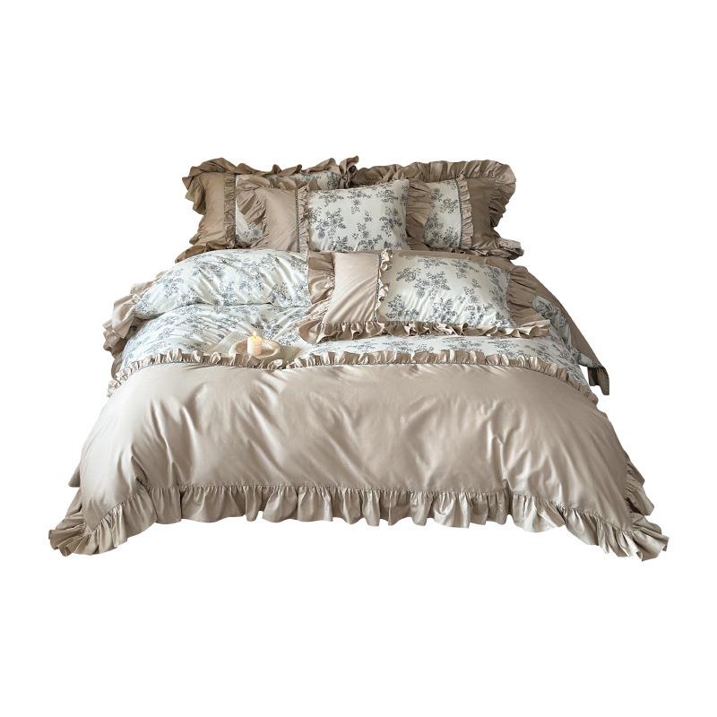 法式全棉四件套复古风YB花印叶花纯棉荷花卉边上被套床单1.8m床用