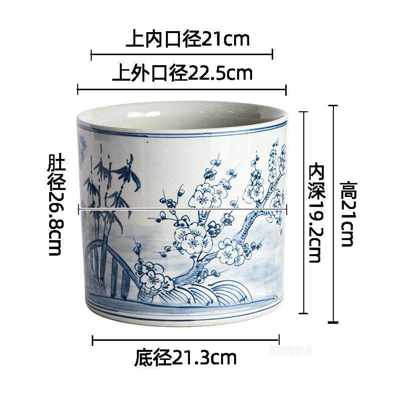 复古明清中式青花瓷圆柱形花盆陶瓷古典花卉图案装饰盆栽容器无孔