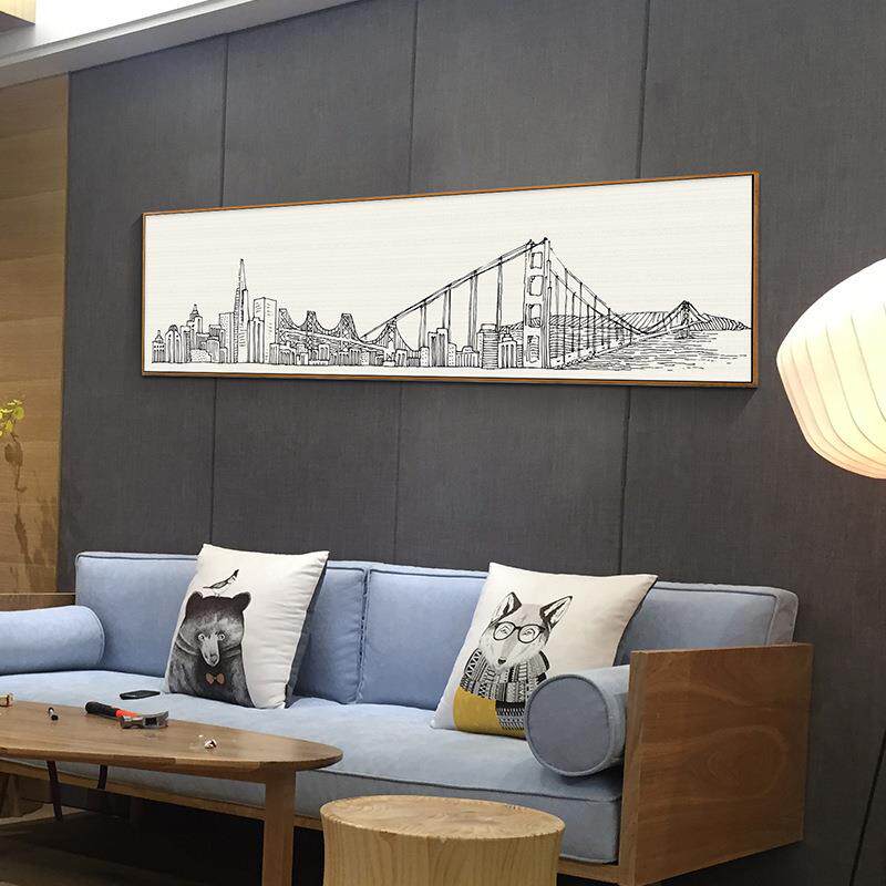 圣仕北欧客厅装饰画现简约卧室床头有框横幅挂画书房公室建筑