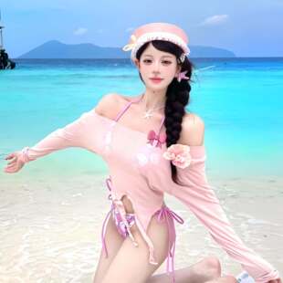 2025新款 沙灘海邊度假 少女甜美純欲bikini比基尼三件套小胸罩衫