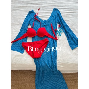 三件套钢托聚拢露背 复古性感撞色蓝色针织镂空罩衫 海岛精灵