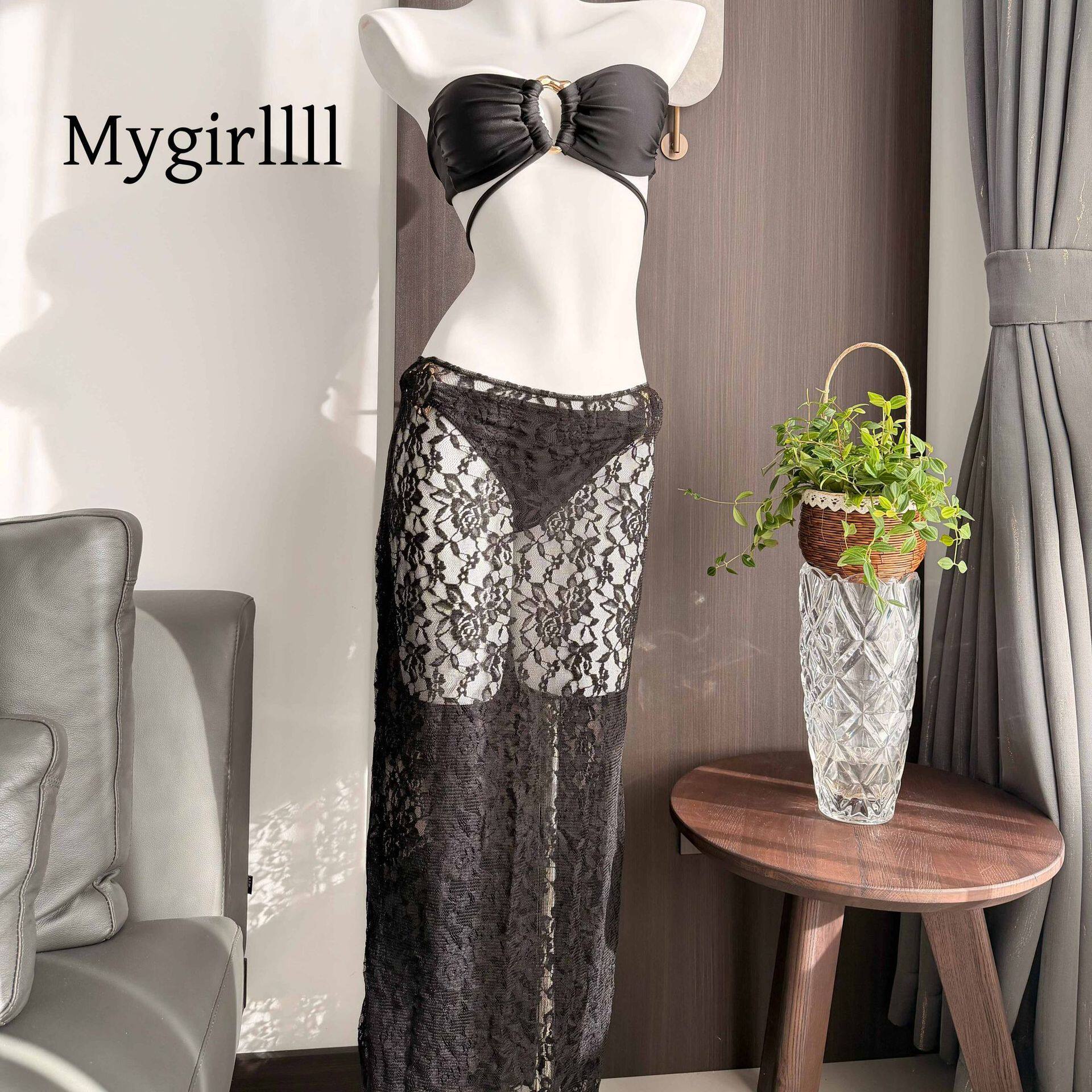 黑色蕾丝性感辣妹抹胸绑带比基尼三件套温泉度假泳衣女分体长裙