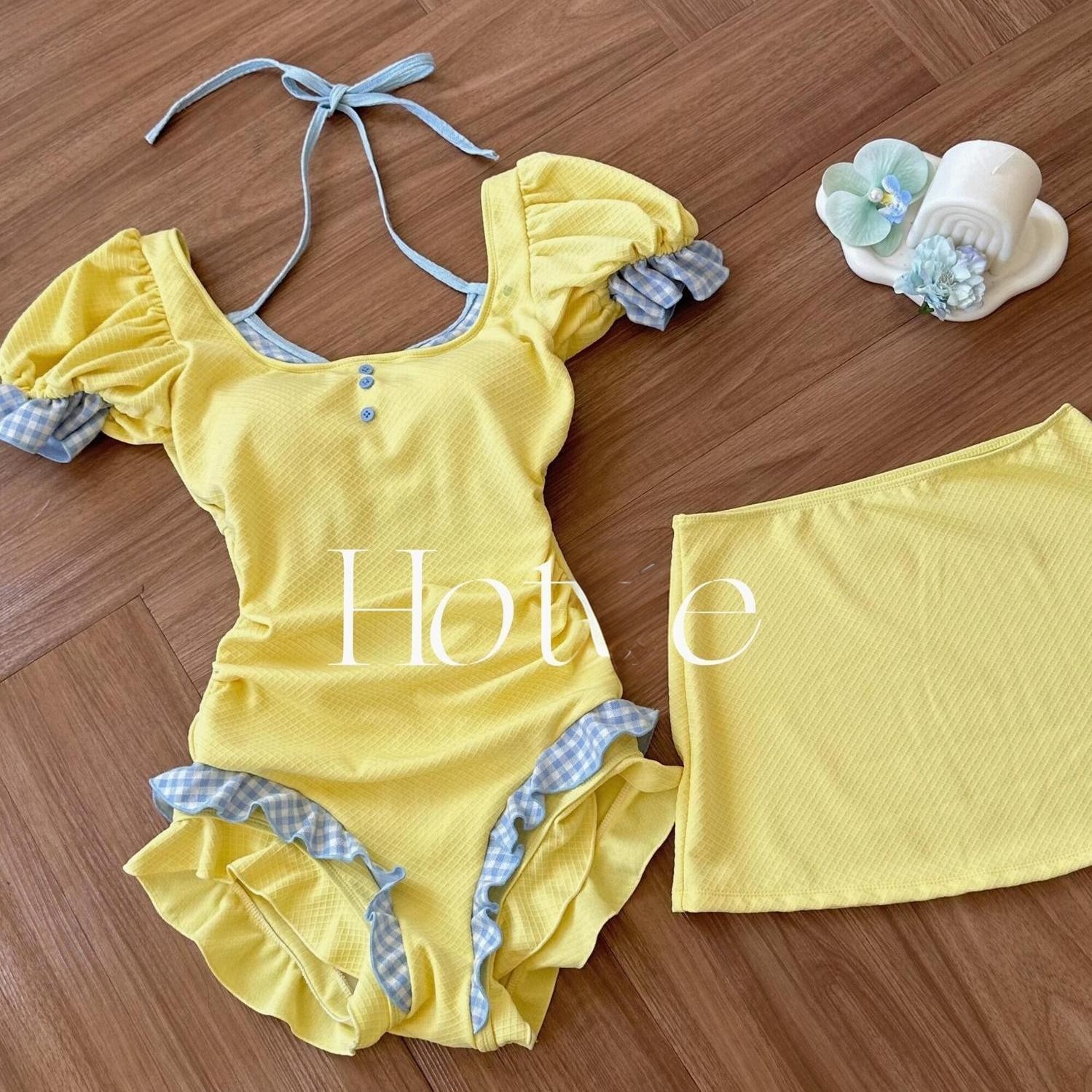 【元气少女】多巴胺连体裙式泳衣可爱泡泡袖拼接显瘦温泉海边泳装,运动/瑜伽/健身/球迷用品,连体泳衣,淘宝优惠券,粉丝福利购,淘宝优惠卷